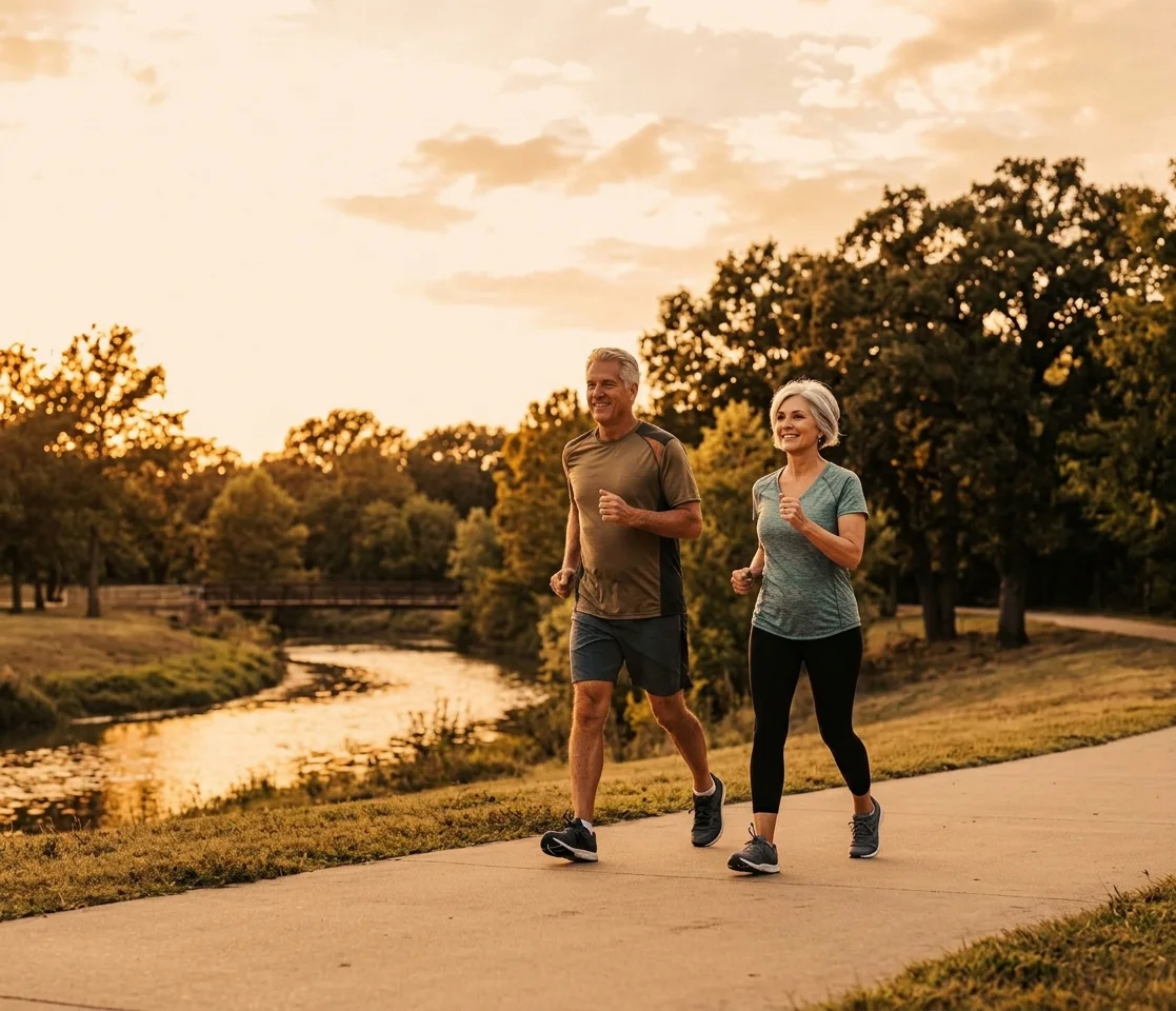 An active couple powerwalking together beside a park trail