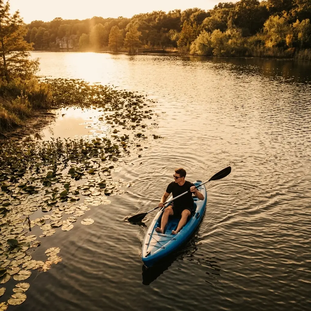 A man kayaking on a river at sunset