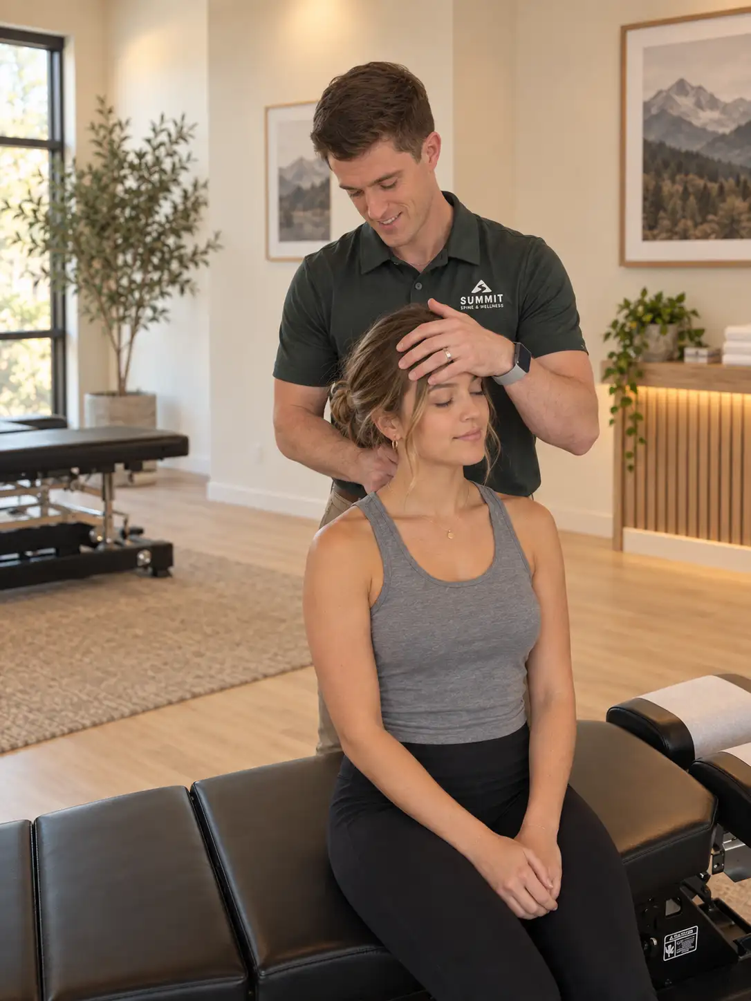 Dr. Hiebert providing a seated neck adjustment in the clinic