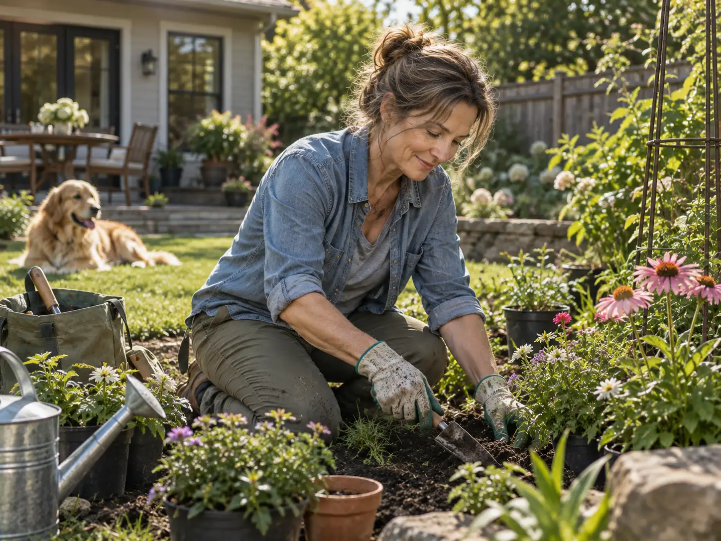 A woman gardening in her backyard with her dog nearby