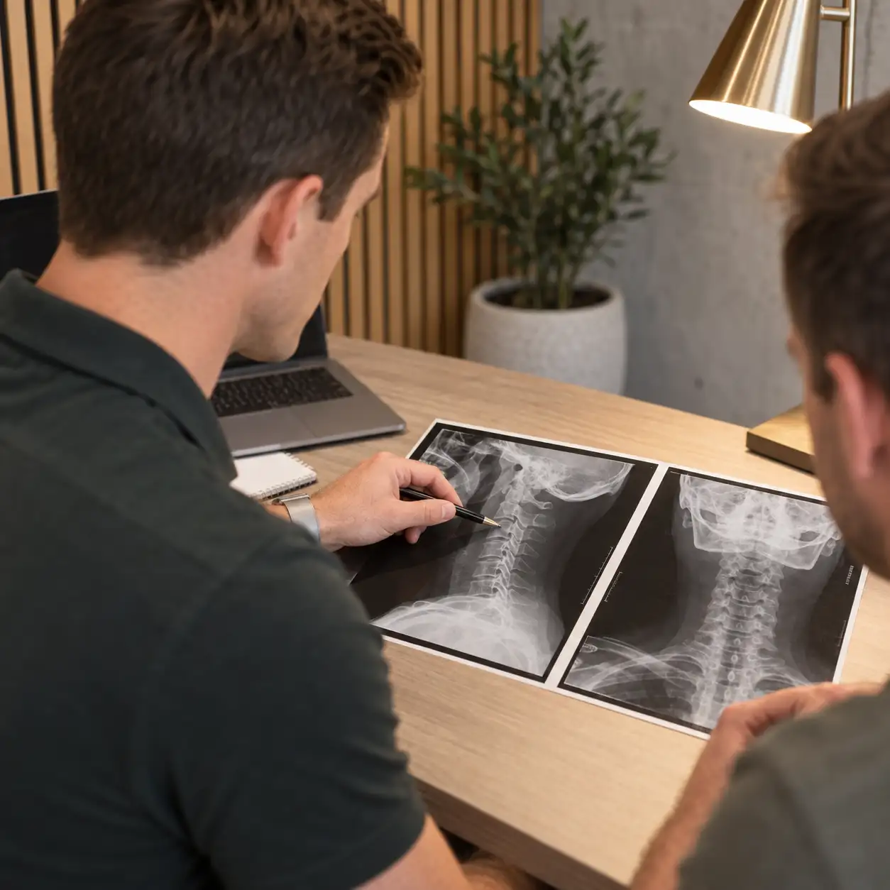 A clinician reviewing cervical X-ray images with a patient