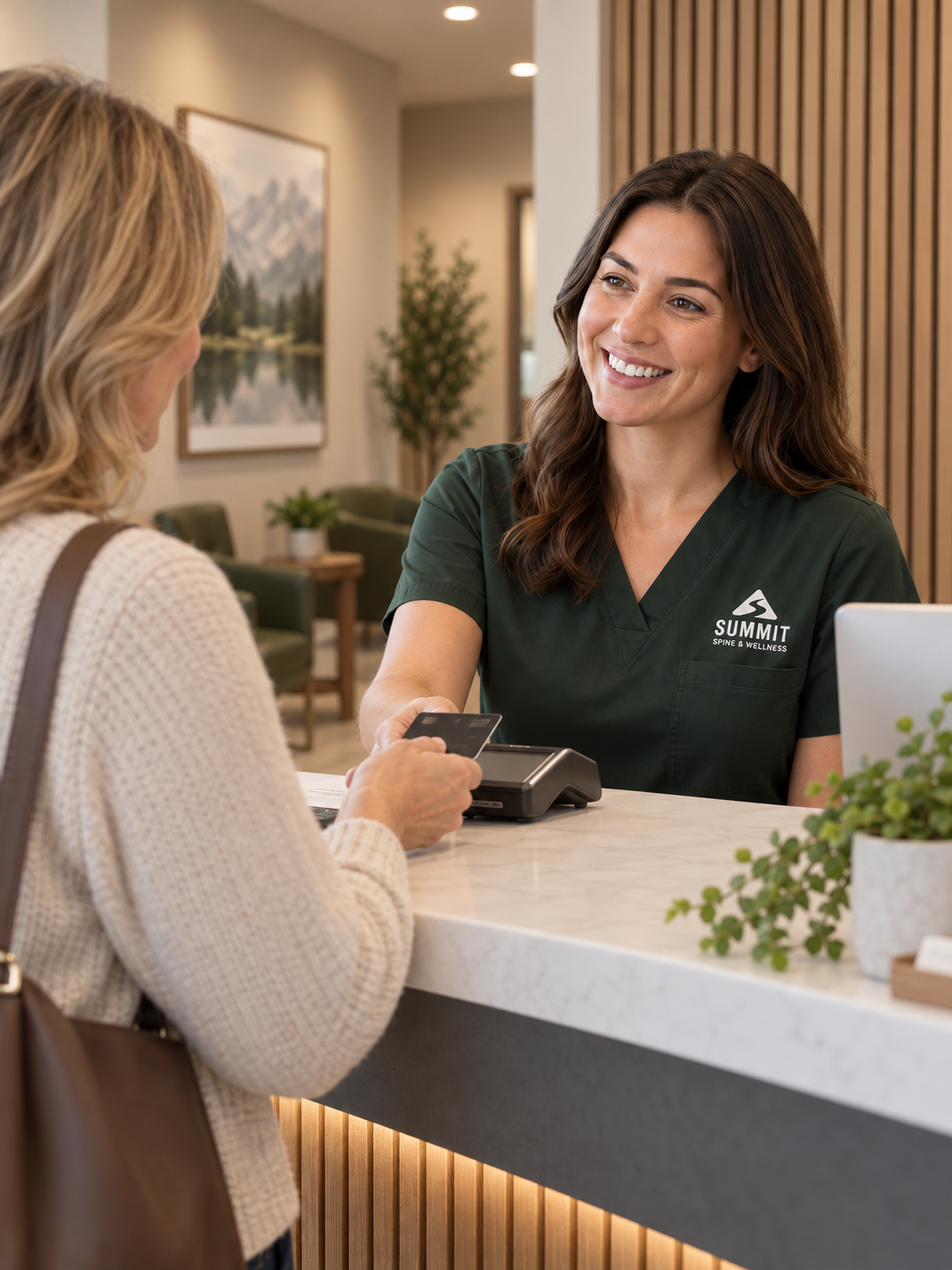 A patient making a payment at the reception desk