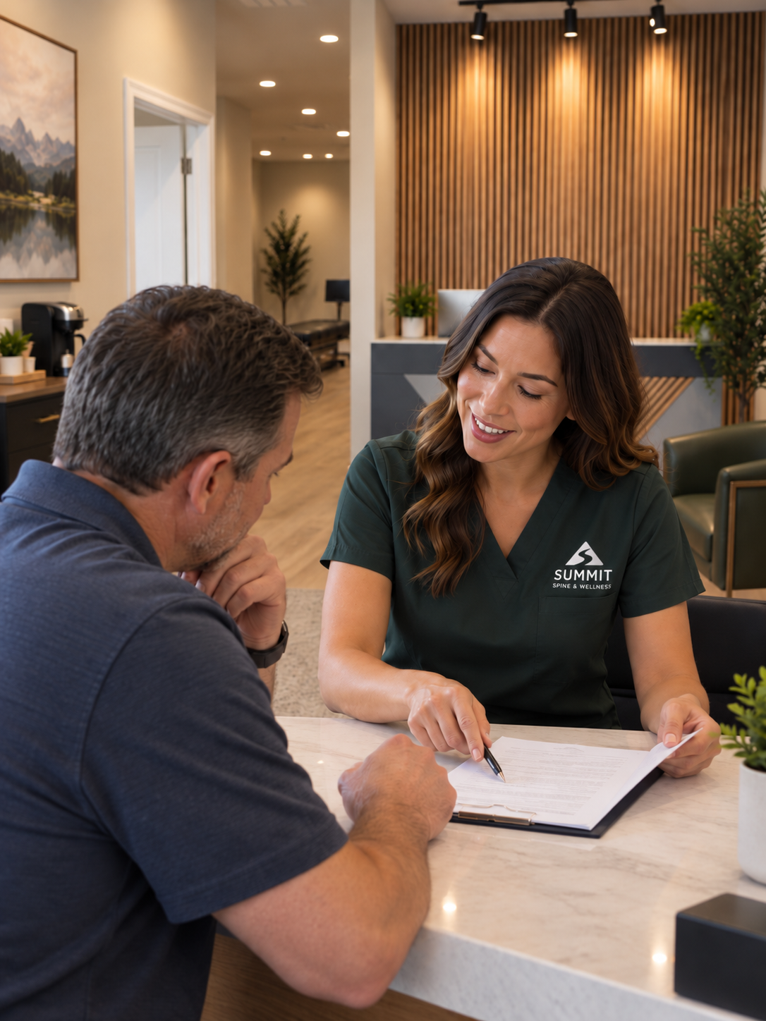 A clinic team member reviewing paperwork with a patient