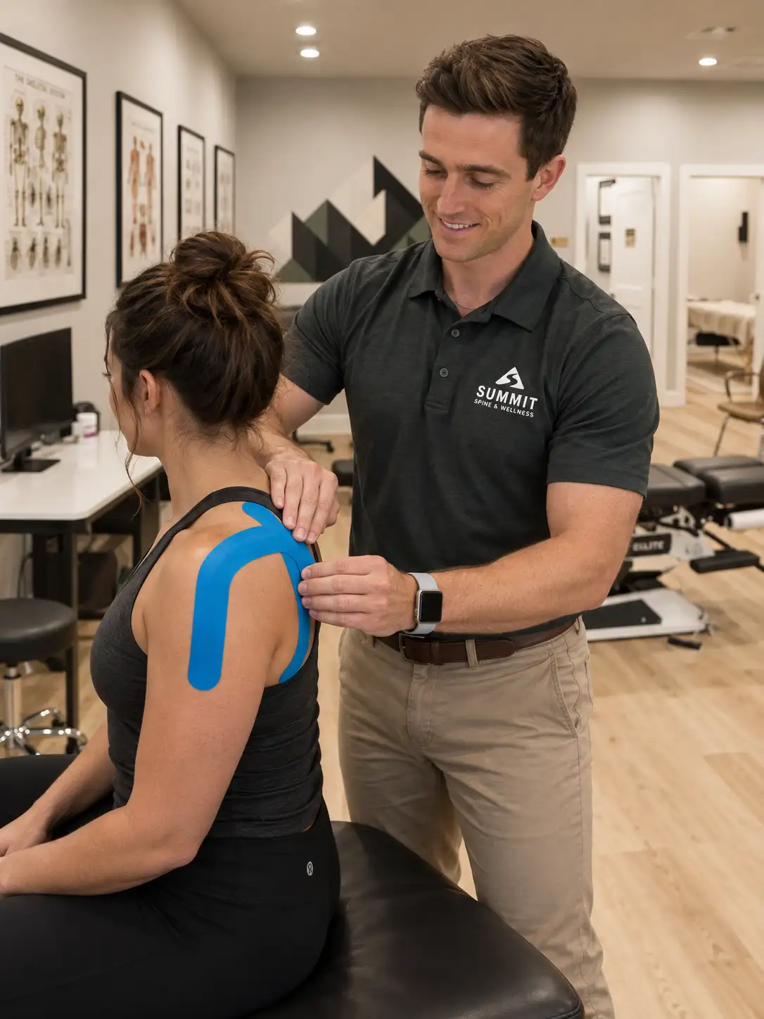 Blue Kinesio tape being applied to a patient's shoulder