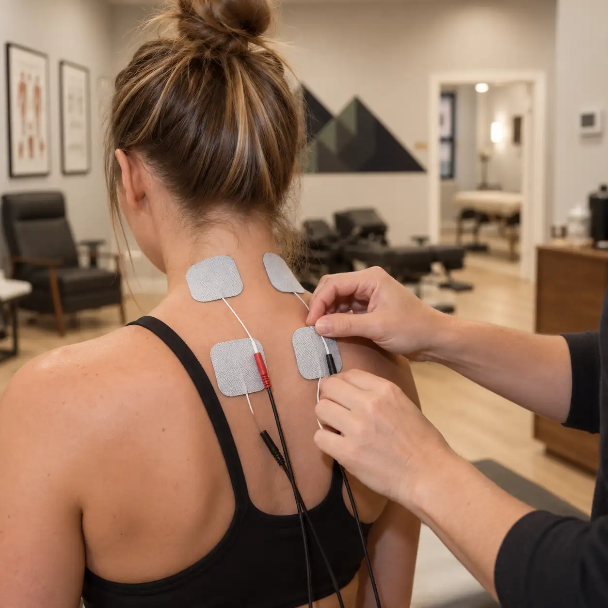 Electrical stimulation pads being applied to the upper back
