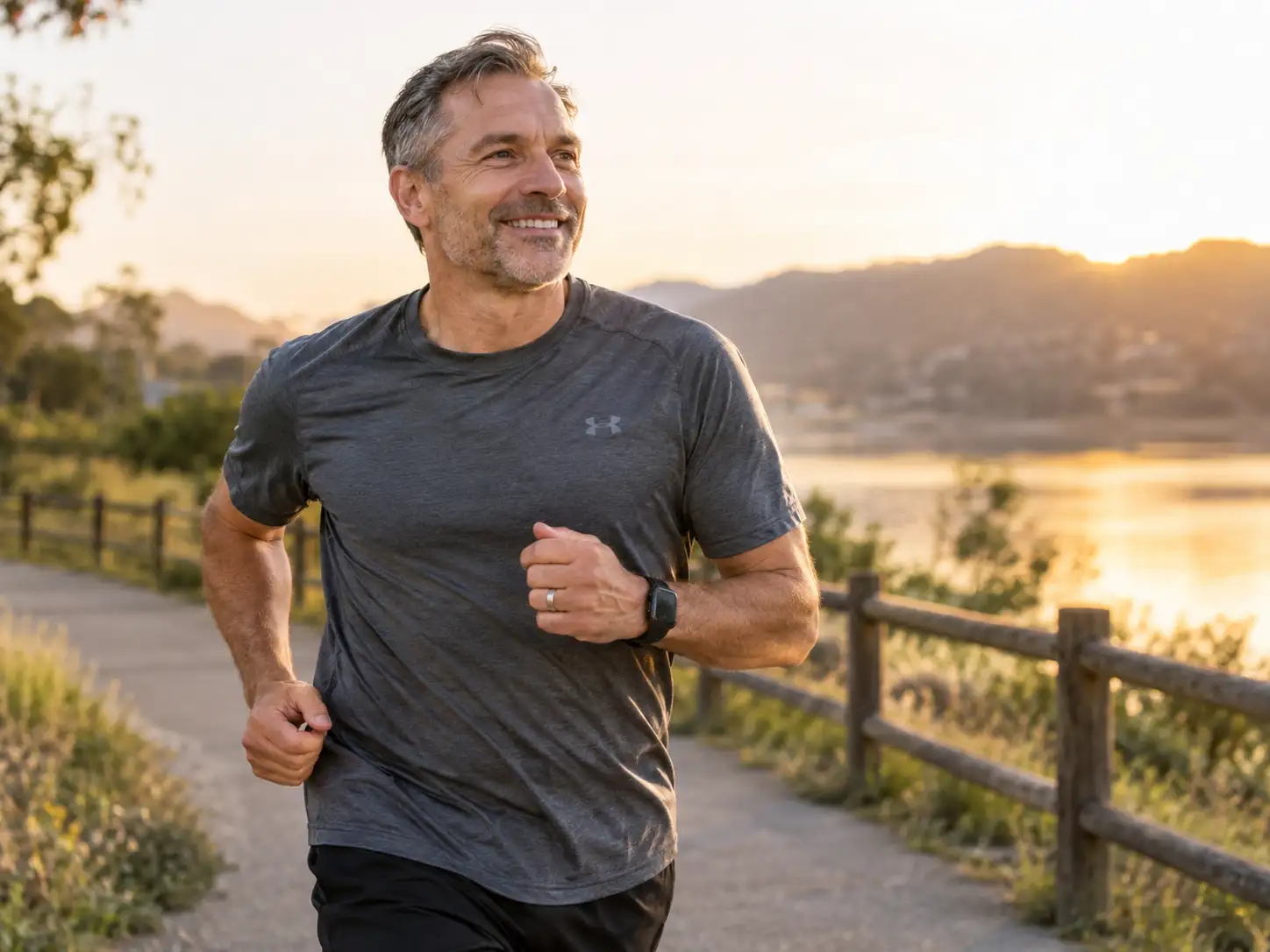 A man jogging beside a lake at golden hour