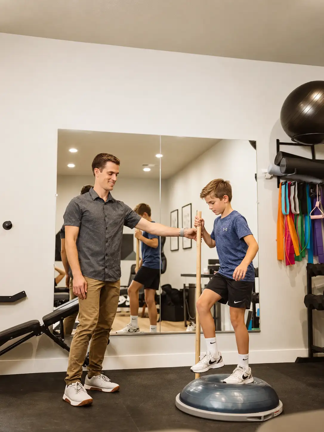 Child practicing balance with a chiropractor nearby