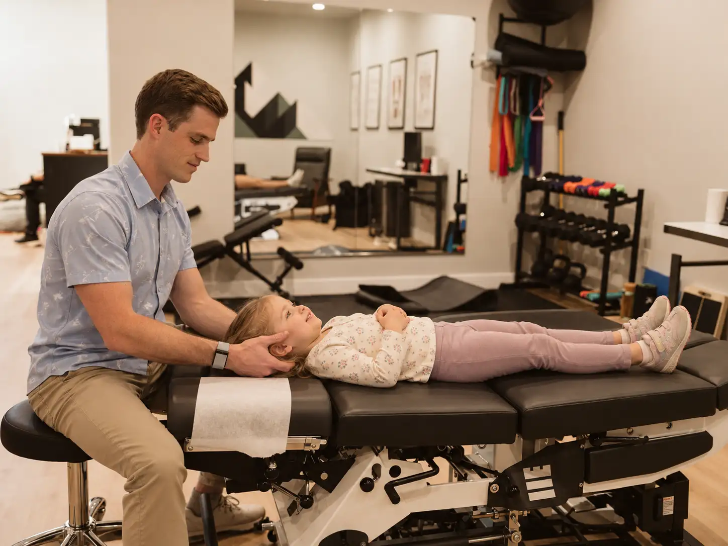 Chiropractor supporting a child's head during a pediatric visit