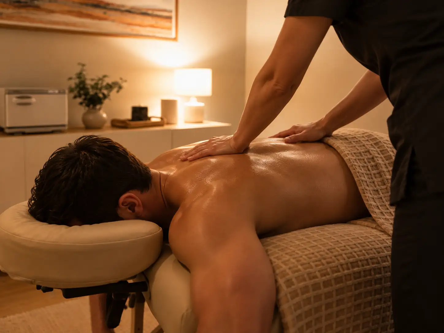 Massage therapist providing a back massage in a warmly lit treatment room