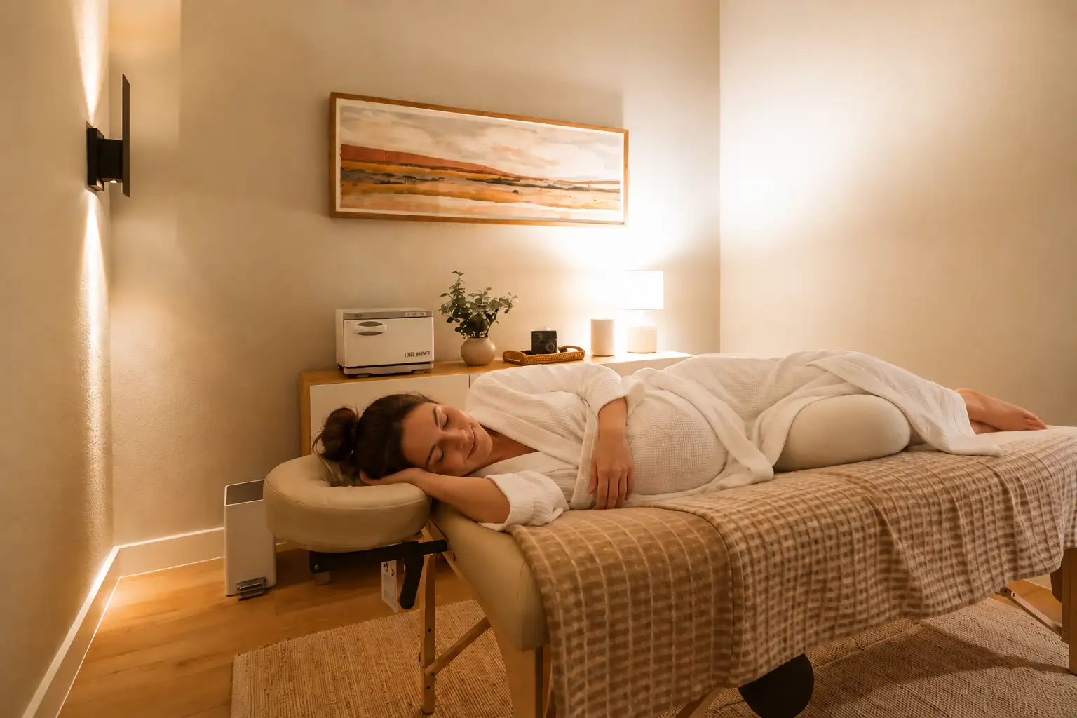 Pregnant woman resting on her side on a massage table